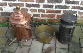 Copper water urn, brass bucket & flask