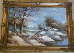 Oil on canvas of a winter scene 90 cm x