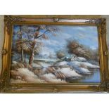 Oil on canvas of a winter scene 90 cm x