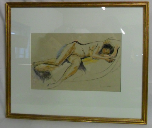 Oil on paper of a reclining nude signed