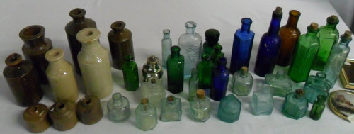 Various glass and stoneware bottles etc