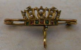 9ct gold brooch with coloured stones and