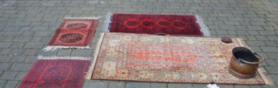 4 rugs, copper scuttle & tape measure