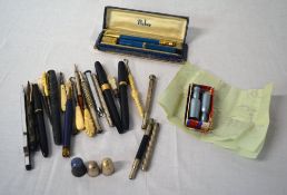 3 Silver thimbles, various fountain pens
