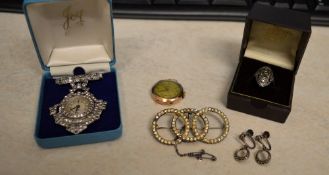 9ct gold watch body, marcasite ring & ea