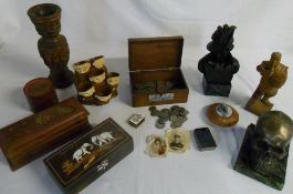 Various treen, coins & figures