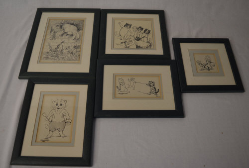 5 framed 'Louis Wain' cat prints