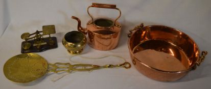 Copper kettle, copper bowl, brass scales