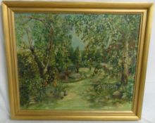 Oil on board of a garden scene with sign