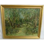 Oil on board of a garden scene with sign