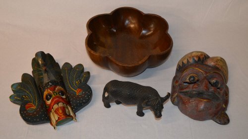 2 tribal masks, wooden bowl & bovine fig