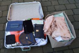 Suitcase & box containing various handba