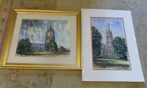 2 watercolours of St James Church, Louth