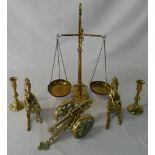 Various brass items inc cannon and scale