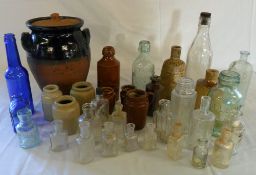Assorted bottles & lidded pot