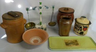 2 stoneware lidded containers, saltglaze