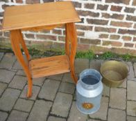 Occasional table, brass jam pan & milk c