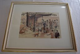 Framed watercolour of a market place sig