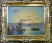 Oil on canvas of ducks over a lake with