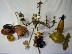 Brass kettle, horse brasses, light fitti