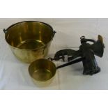 Hand mincer, brass jam pan & saucepan