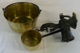 Hand mincer, brass jam pan & saucepan