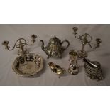 Silver Plate inc candlesticks, teapot, g