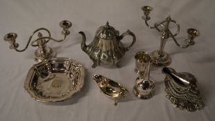 Silver Plate inc candlesticks, teapot, g