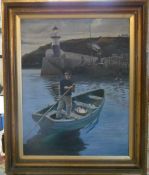 Large framed oil on canvas of a fisherma