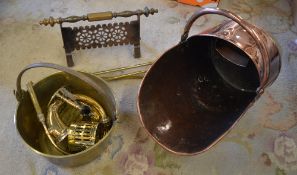 Copper coal scuttle, brass horn, brass j