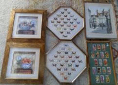 Assorted pictures & framed cigarette car