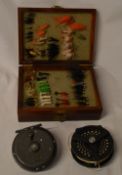 2 old fishing reels & a box of fishing l