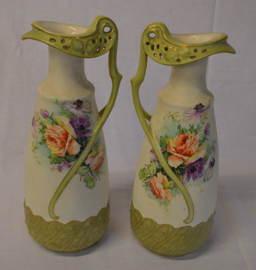 Pair of Art Nouveau hand painted jugs (a