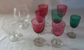 Victorian coloured wine glasses inc Cran