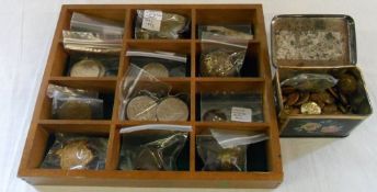 Various coins, military buttons etc