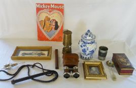 Various items including Miners Lamp, bin