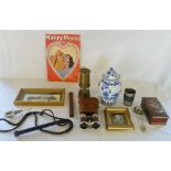 Various items including Miners Lamp, bin