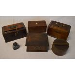 Wooden boxes including a coin box, tea c