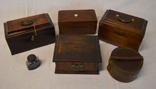 Wooden boxes including a coin box, tea c