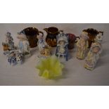 Lustre jugs & continental ceramic figure