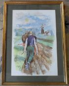 Framed watercolour of ploughing in the f