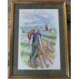 Framed watercolour of ploughing in the f