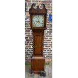 Victorian 8 day long case clock by Peaty, Cerne Abbas with painted dial & inlaid oak case