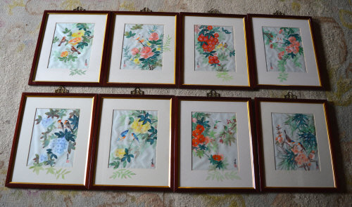 Set of 8 silk paintings