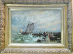 Oil on board of a seascape in an ornate