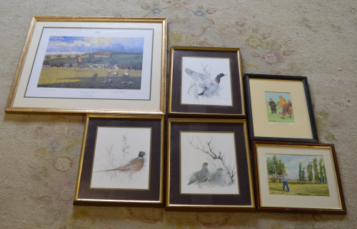 Various prints including a hunting scene