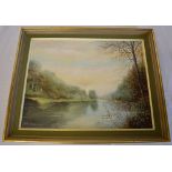 Oil on canvas board, river scene, signed