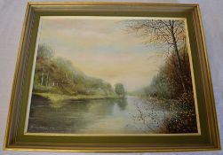 Oil on canvas board, river scene, signed