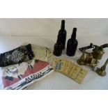 Various items inc 3 old bottles from the Ascension Island, scarfs, brass ware & ration books