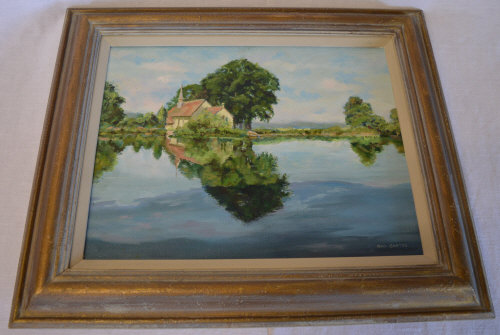 Oil on canvas, church by lake, signed Ge